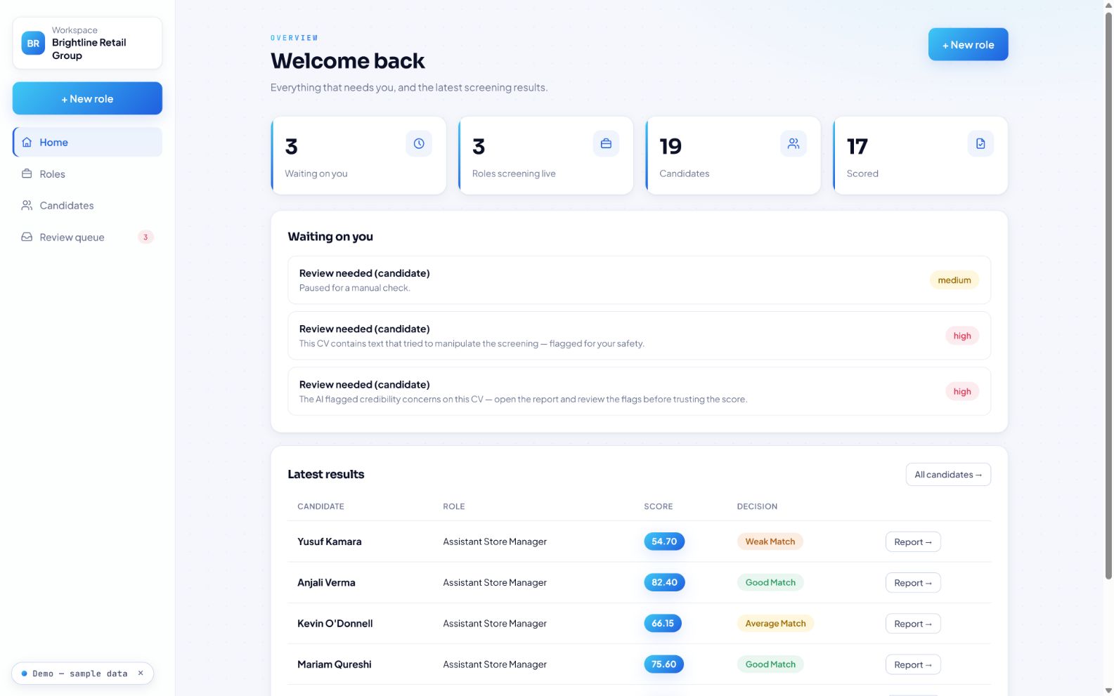 Xarlon workspace overview: counts of roles and candidates, a review queue for CVs that need a human, and the latest results with match scores and decisions.